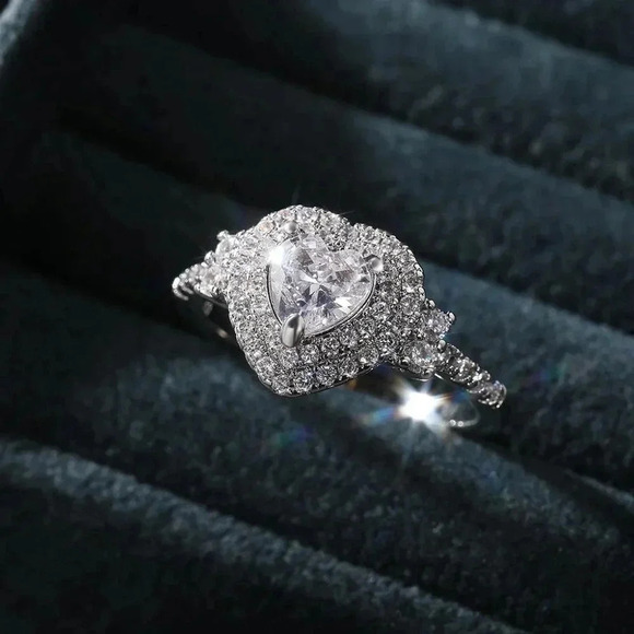 😍Diamond Heart CZ Shiny 14k White Gold Luxury Macro Pave Ring for Women, K852 - Picture 6 of 11